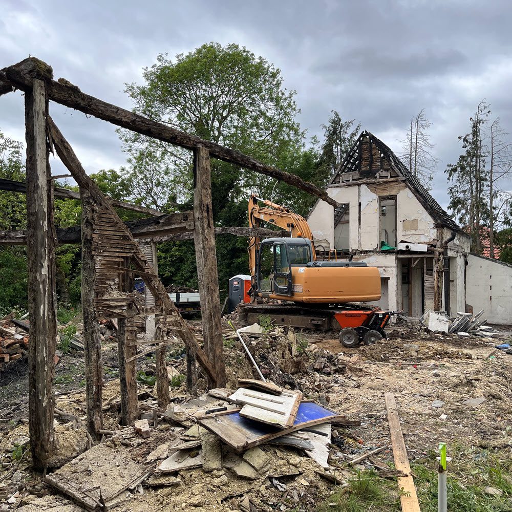 Fire damaged house demolition and groundworks to DPC in Elmswell Suffolk