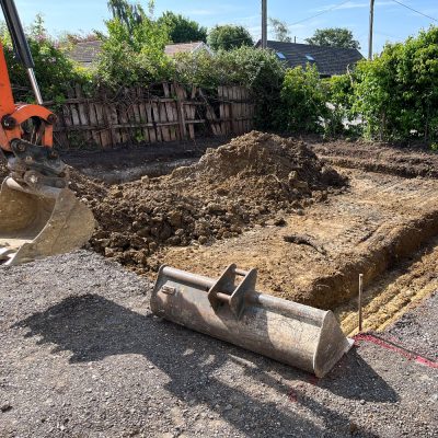 Ground preparation for raft foundation in Hitcham