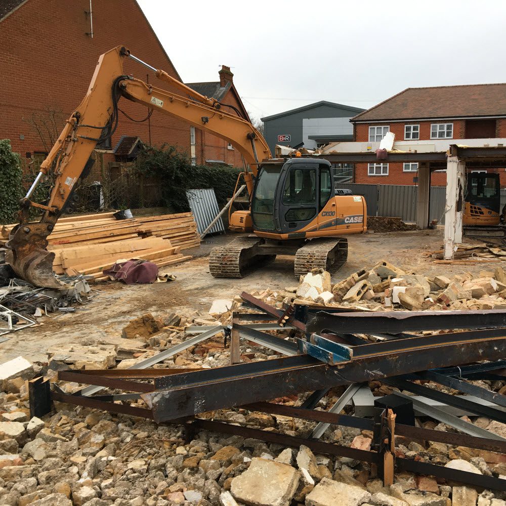 Site demolition and preparation for two new dwellings in Saffron Walden before groundworks begins