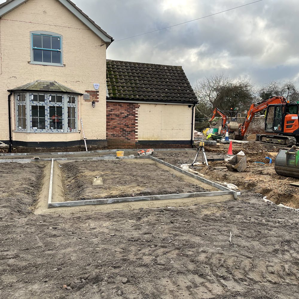 Pub refurbishment groundworks in Elmswell Suffolk, including drainage services car park and landscaping