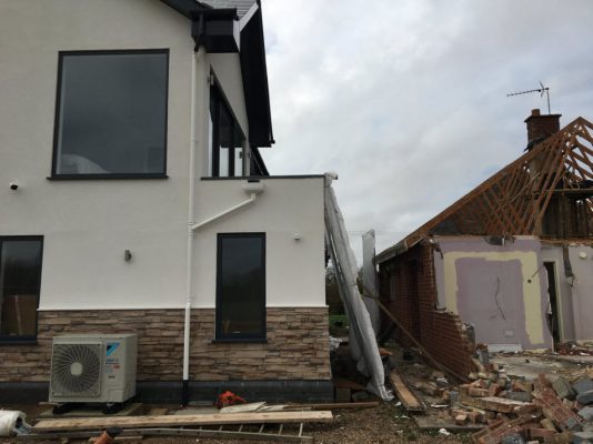 Bungalow demolition works close to new build home in Stonham Aspal
