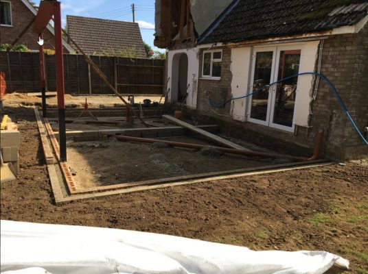 Groundworks preparation for bungalow extension in Wetherden
