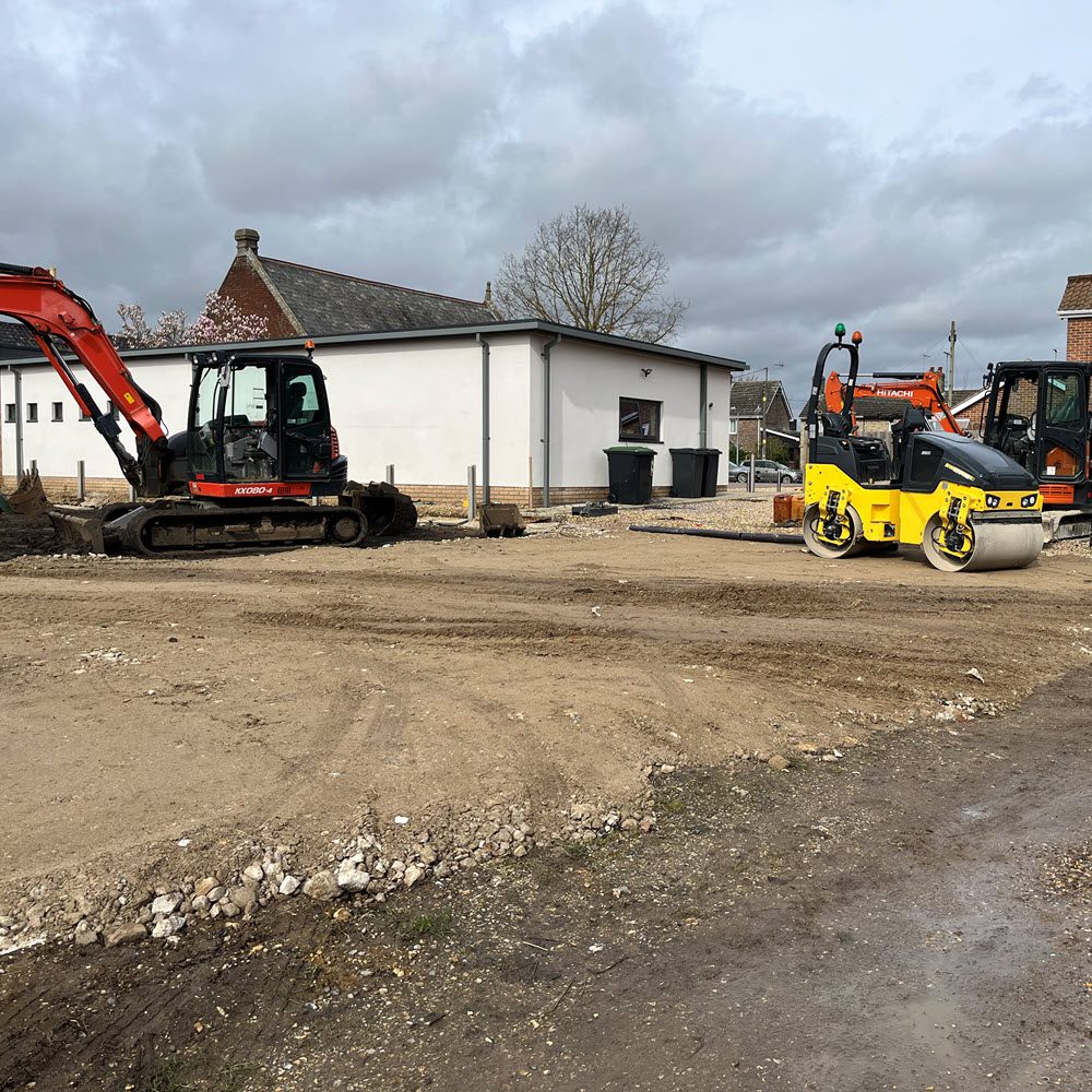 Car park construction in Elmswell with excavation Type 1 base and gravel surfacing
