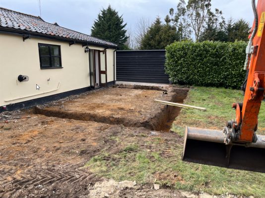 Excavation and foundations for side extension in Elmswell