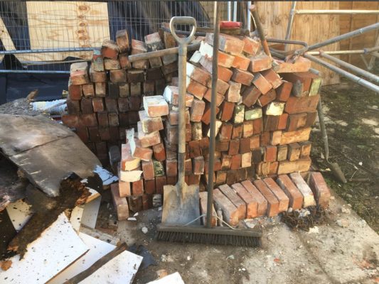 Bricks for reuse after demolition of listed building site in Bury St Edmunds
